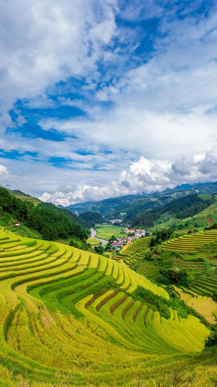 Picturesque landscape of grassy mountains and meadows under cloudy sky in sunny summer day in countryside